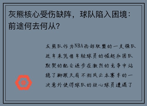灰熊核心受伤缺阵，球队陷入困境：前途何去何从？